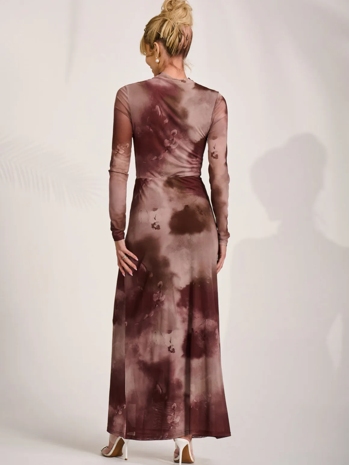 High Neck Long Sleeve Mesh Maxi Dress, Mocha Abstract