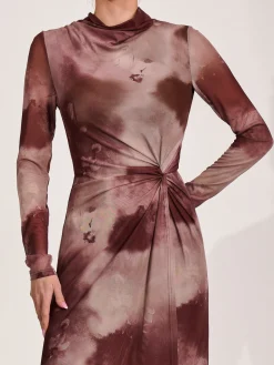 High Neck Long Sleeve Mesh Maxi Dress, Mocha Abstract