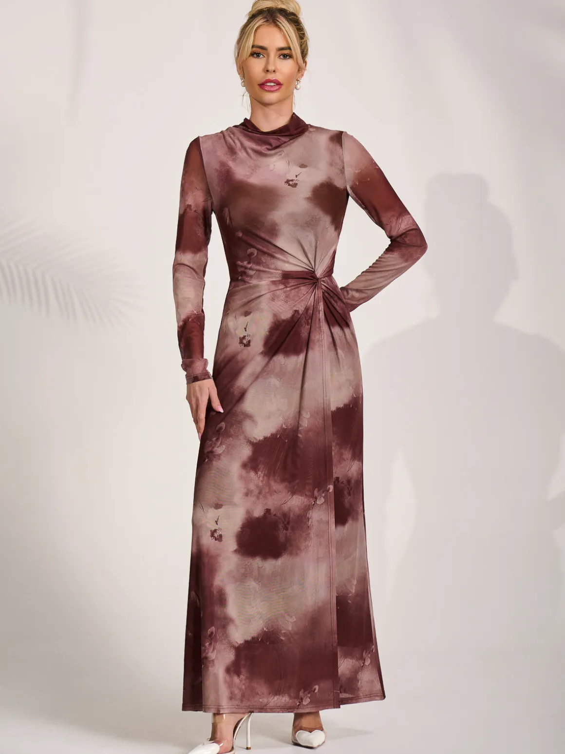 High Neck Long Sleeve Mesh Maxi Dress, Mocha Abstract