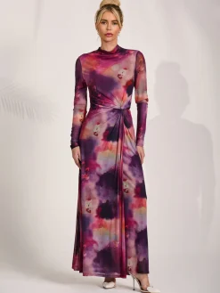 High Neck Long Sleeve Mesh Maxi Dress, Pink Abstract