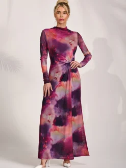 High Neck Long Sleeve Mesh Maxi Dress, Pink Abstract