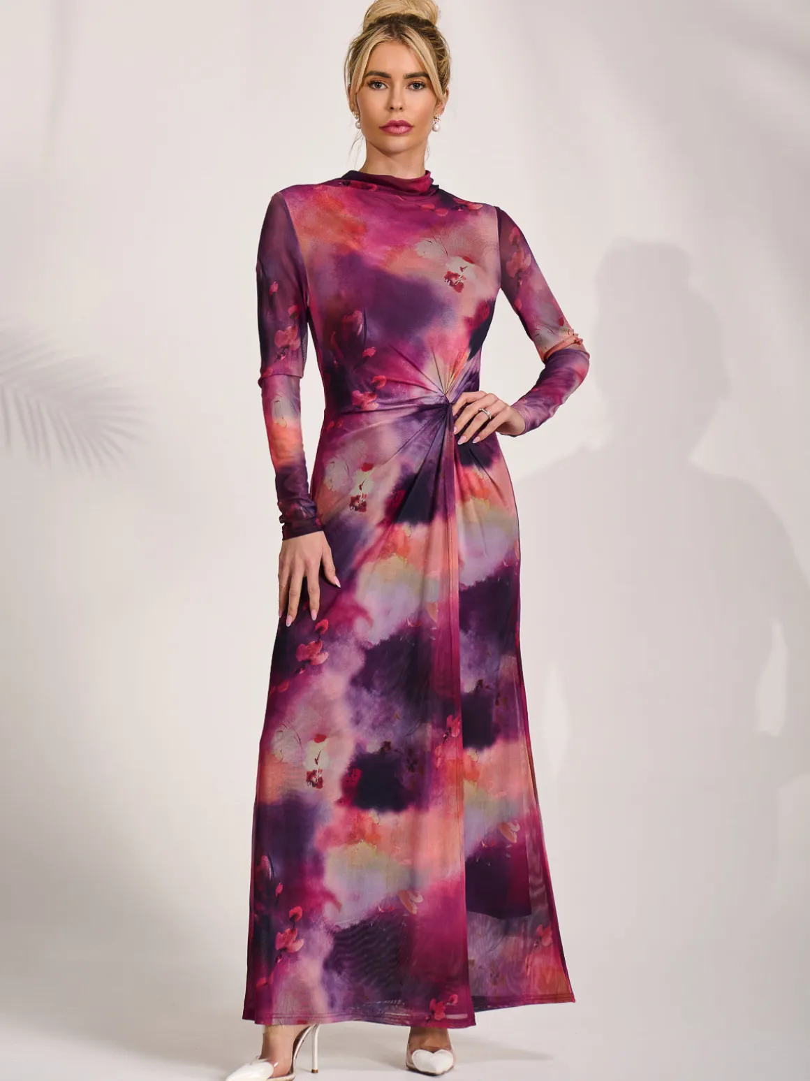 High Neck Long Sleeve Mesh Maxi Dress, Pink Abstract