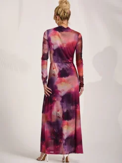 High Neck Long Sleeve Mesh Maxi Dress, Pink Abstract