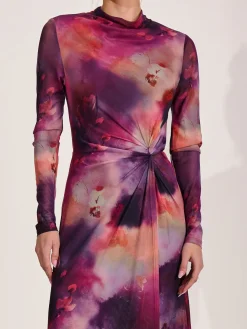 High Neck Long Sleeve Mesh Maxi Dress, Pink Abstract