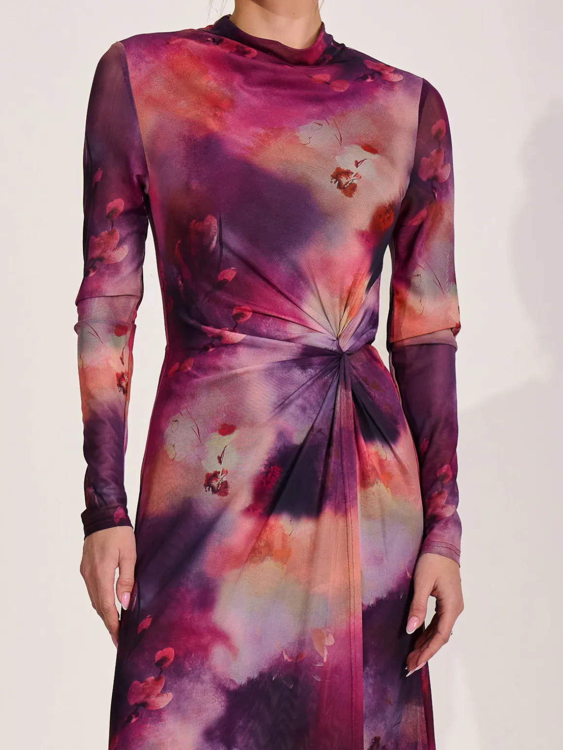 High Neck Long Sleeve Mesh Maxi Dress, Pink Abstract