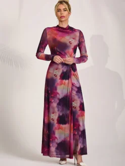 High Neck Long Sleeve Mesh Maxi Dress, Pink Abstract