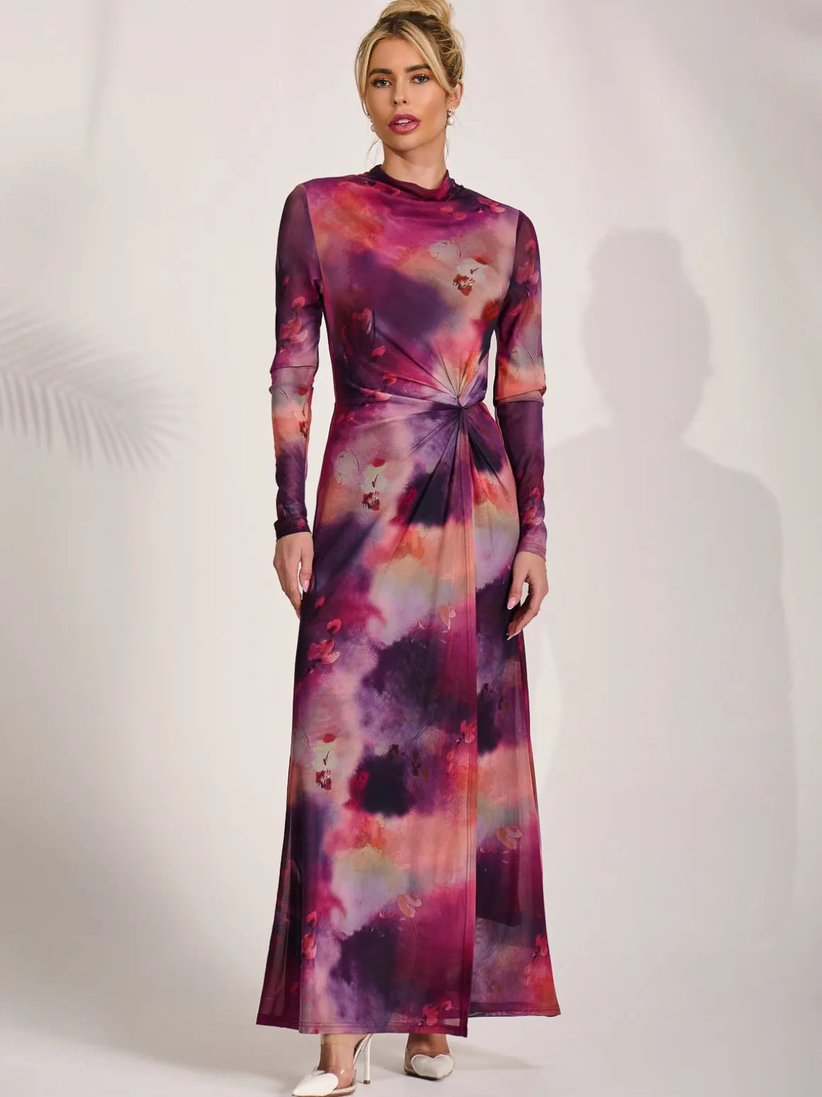 High Neck Long Sleeve Mesh Maxi Dress, Pink Abstract