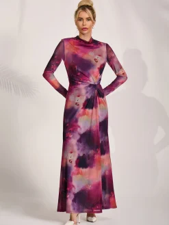 High Neck Long Sleeve Mesh Maxi Dress, Pink Abstract