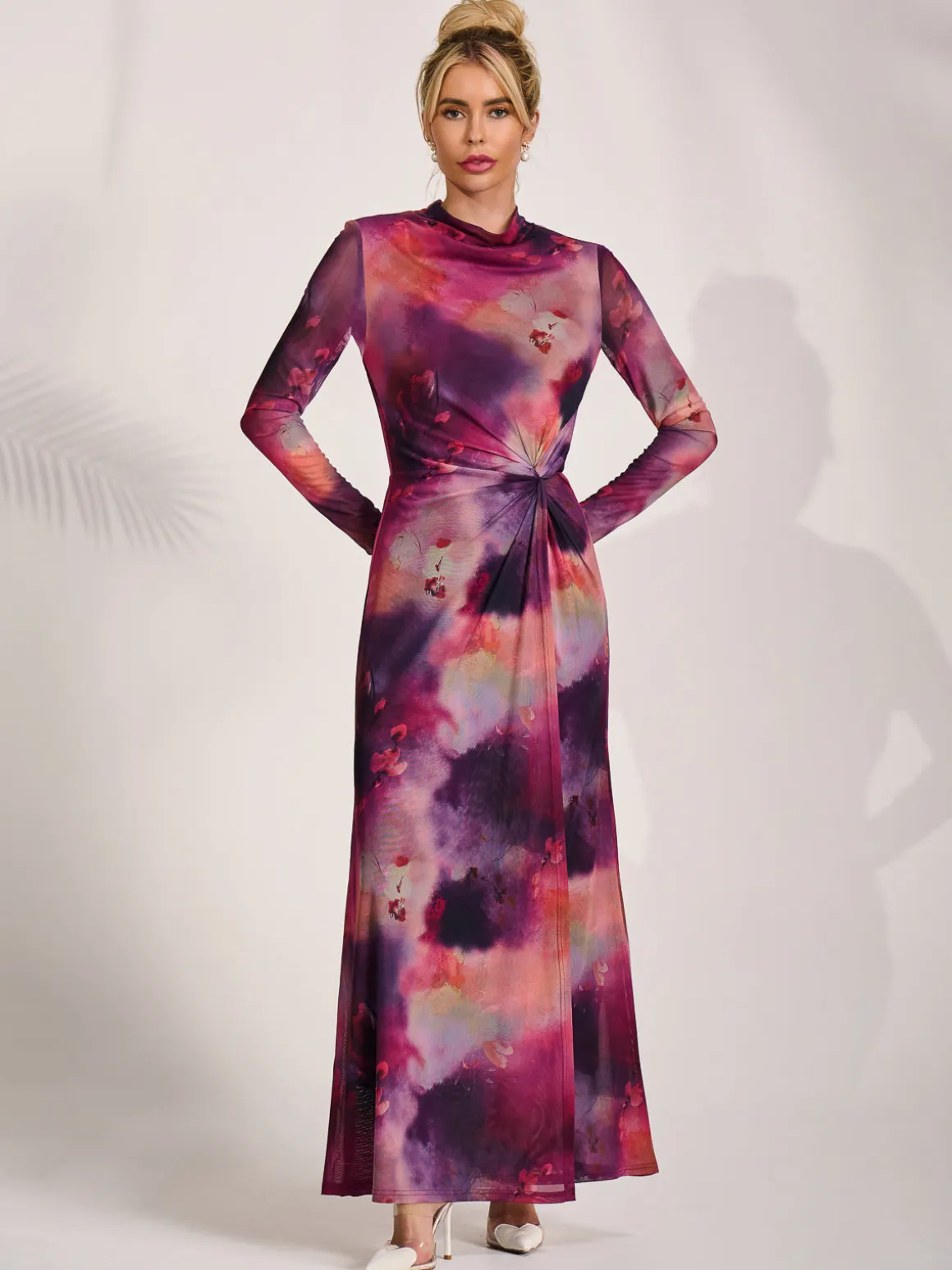 High Neck Long Sleeve Mesh Maxi Dress, Pink Abstract