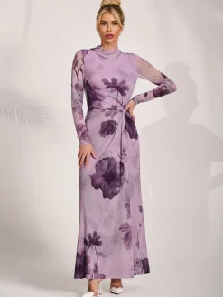 High Neck Long Sleeve Mesh Maxi Dress, Purple Floral