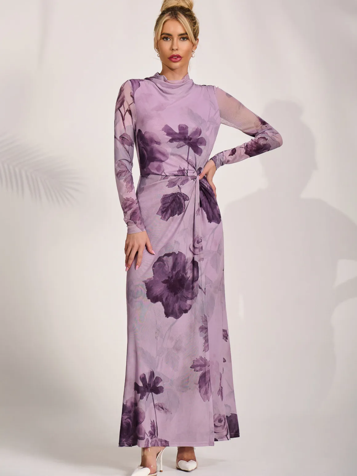 High Neck Long Sleeve Mesh Maxi Dress, Purple Floral