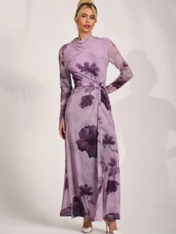 High Neck Long Sleeve Mesh Maxi Dress, Purple Floral