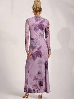 High Neck Long Sleeve Mesh Maxi Dress, Purple Floral