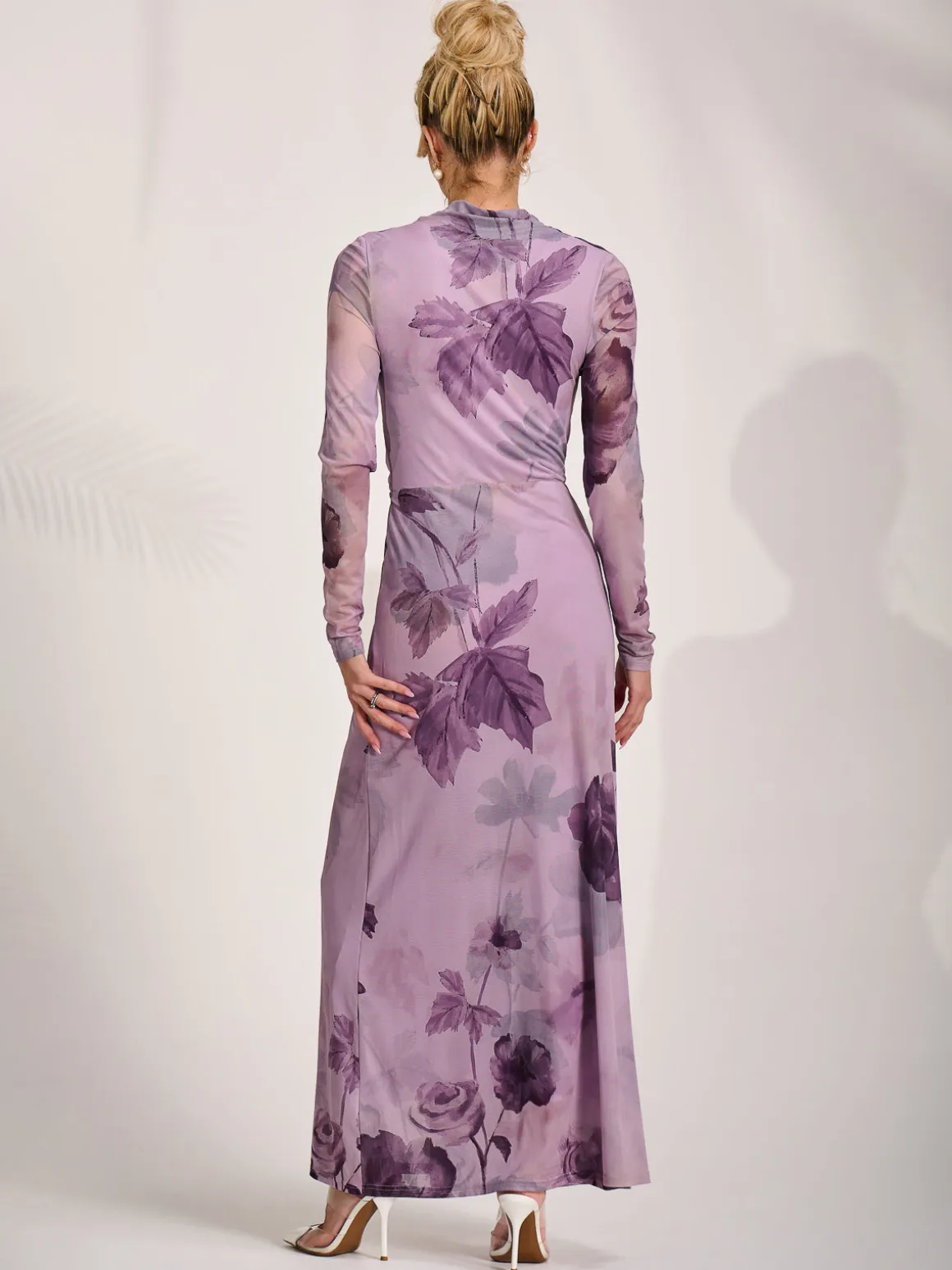 High Neck Long Sleeve Mesh Maxi Dress, Purple Floral