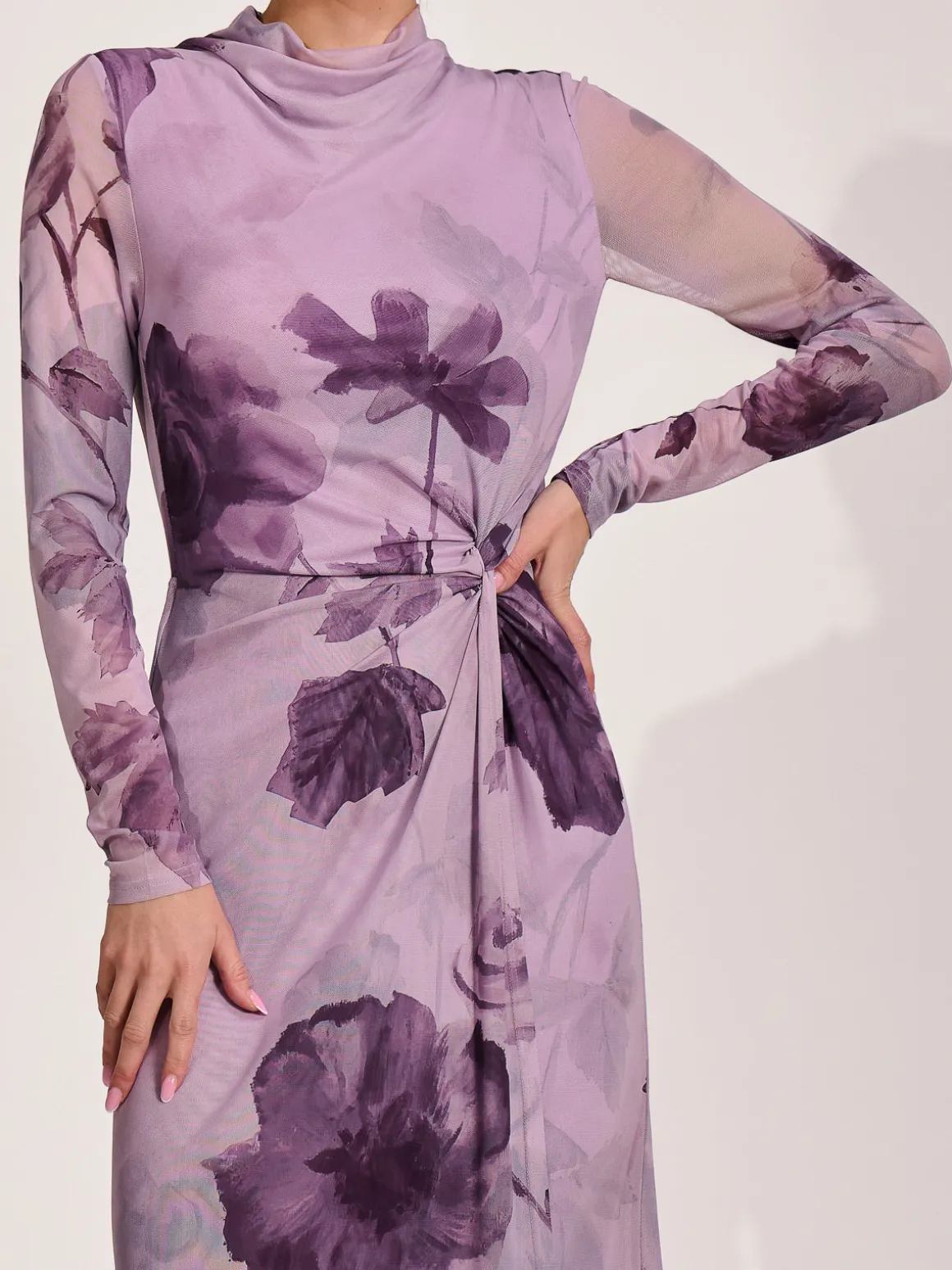 High Neck Long Sleeve Mesh Maxi Dress, Purple Floral