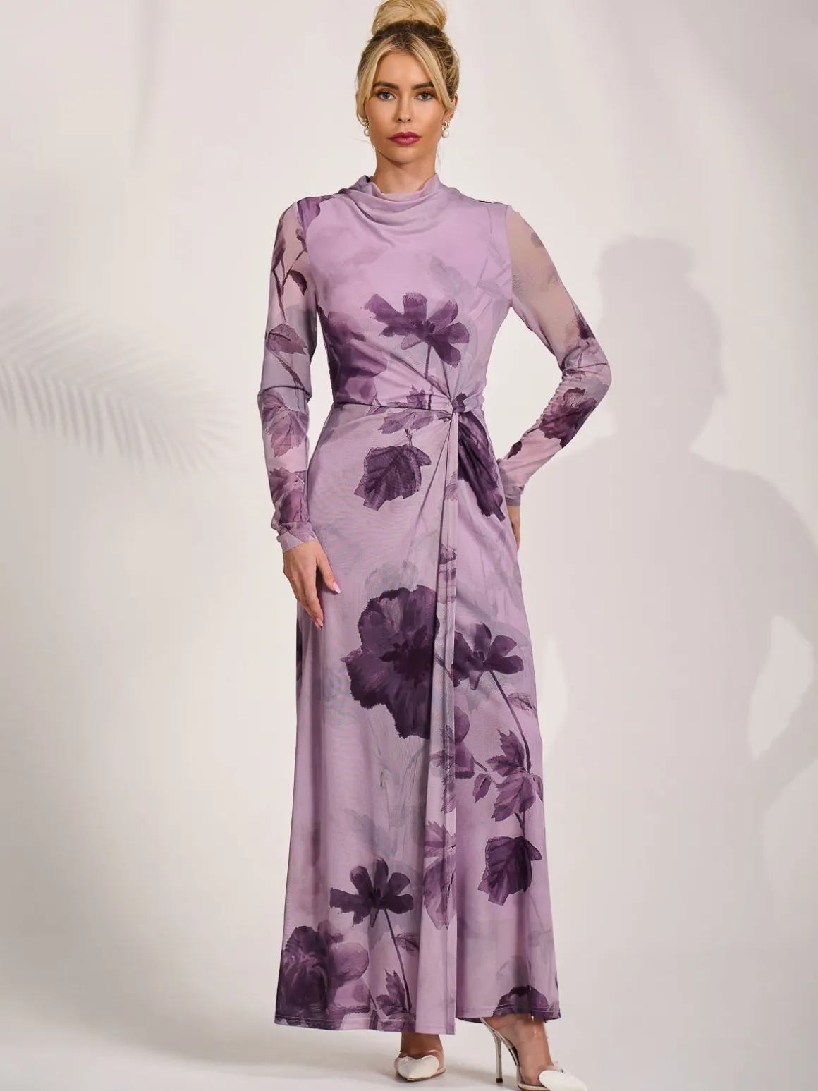 High Neck Long Sleeve Mesh Maxi Dress, Purple Floral
