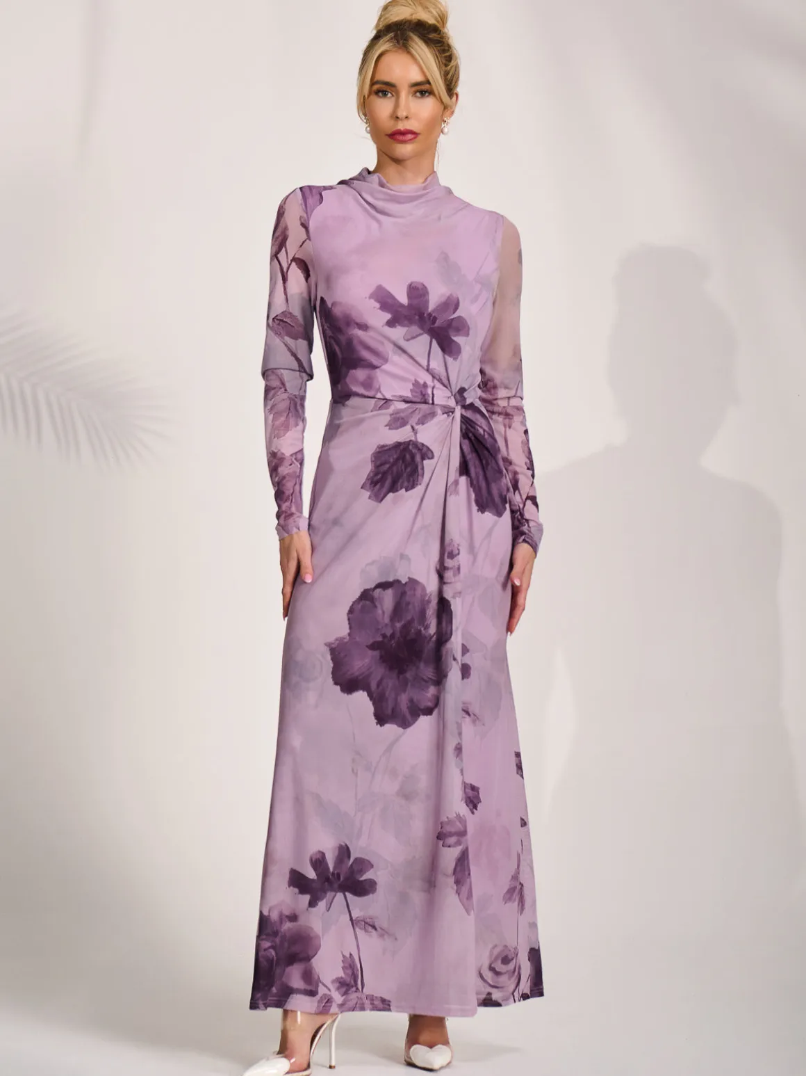 High Neck Long Sleeve Mesh Maxi Dress, Purple Floral