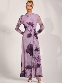 High Neck Long Sleeve Mesh Maxi Dress, Purple Floral