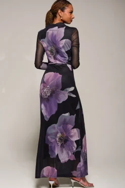 High Neck Long Sleeve Mesh Maxi Dress, Purple Floral