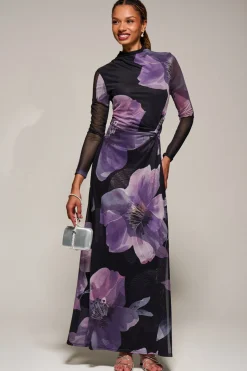 High Neck Long Sleeve Mesh Maxi Dress, Purple Floral
