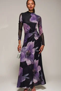 High Neck Long Sleeve Mesh Maxi Dress, Purple Floral