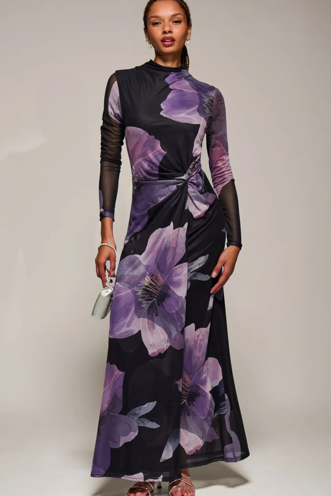 High Neck Long Sleeve Mesh Maxi Dress, Purple Floral