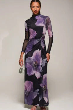 High Neck Long Sleeve Mesh Maxi Dress, Purple Floral