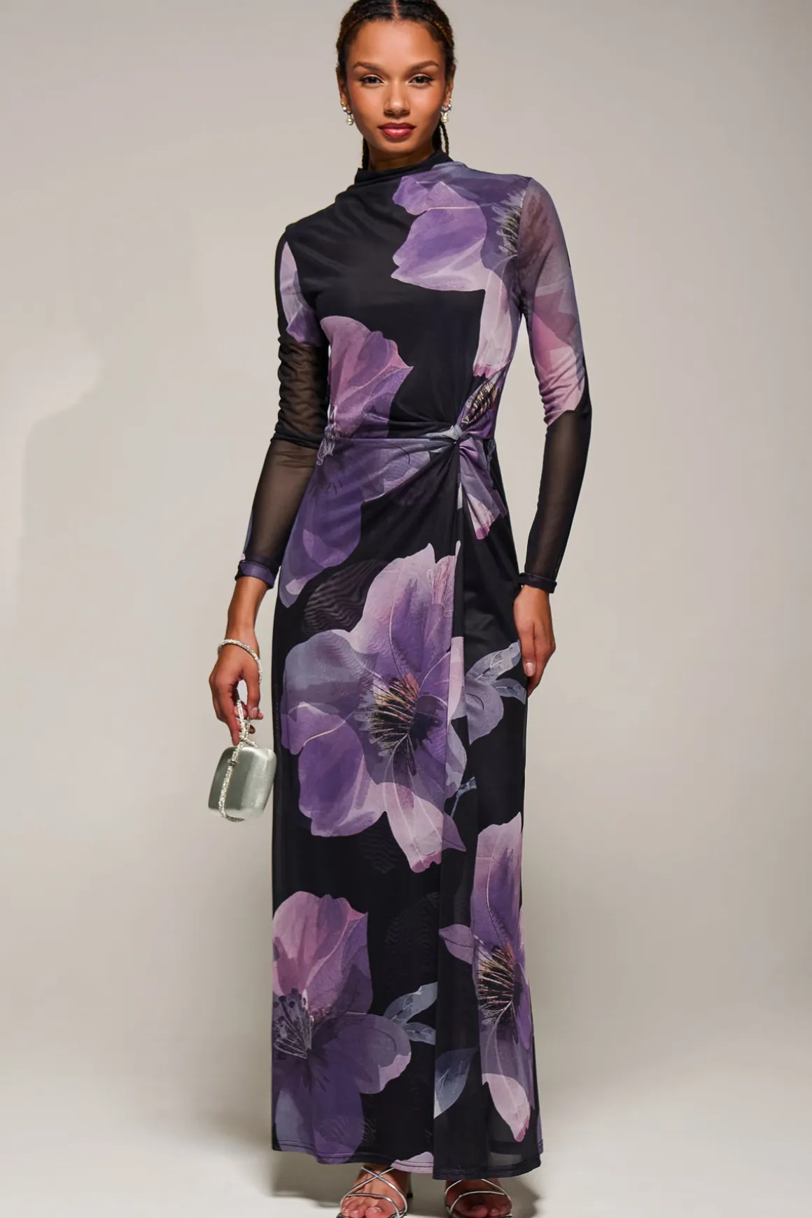 High Neck Long Sleeve Mesh Maxi Dress, Purple Floral