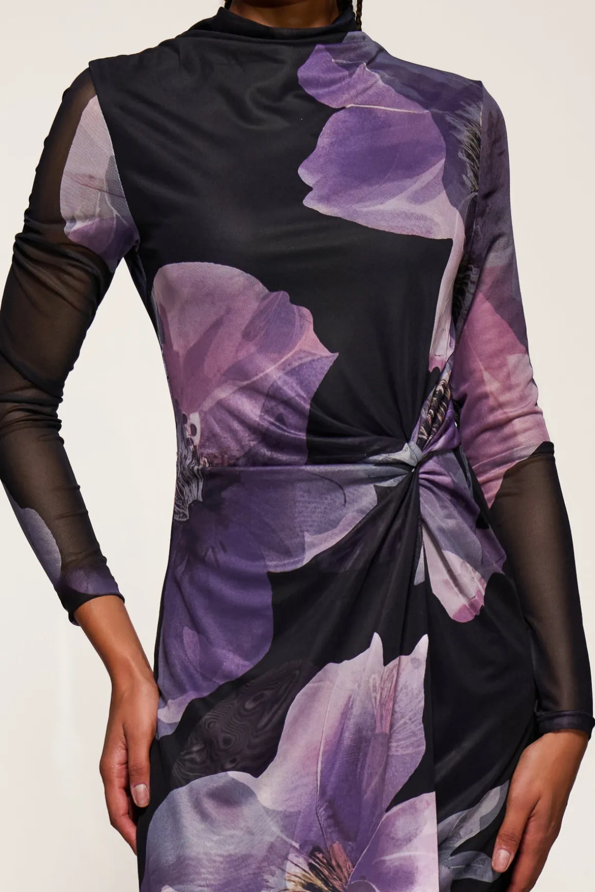High Neck Long Sleeve Mesh Maxi Dress, Purple Floral