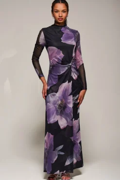 High Neck Long Sleeve Mesh Maxi Dress, Purple Floral