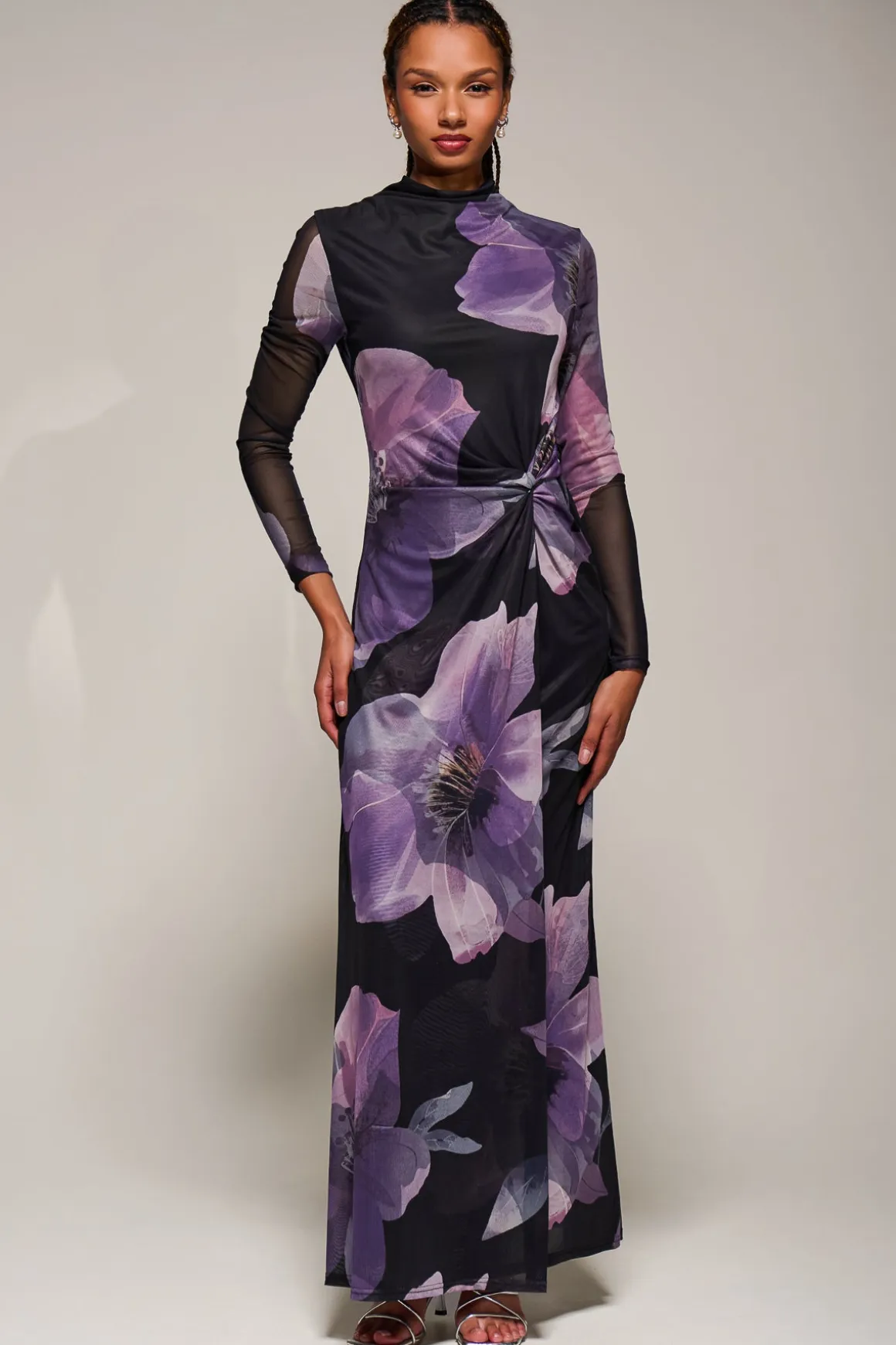 High Neck Long Sleeve Mesh Maxi Dress, Purple Floral