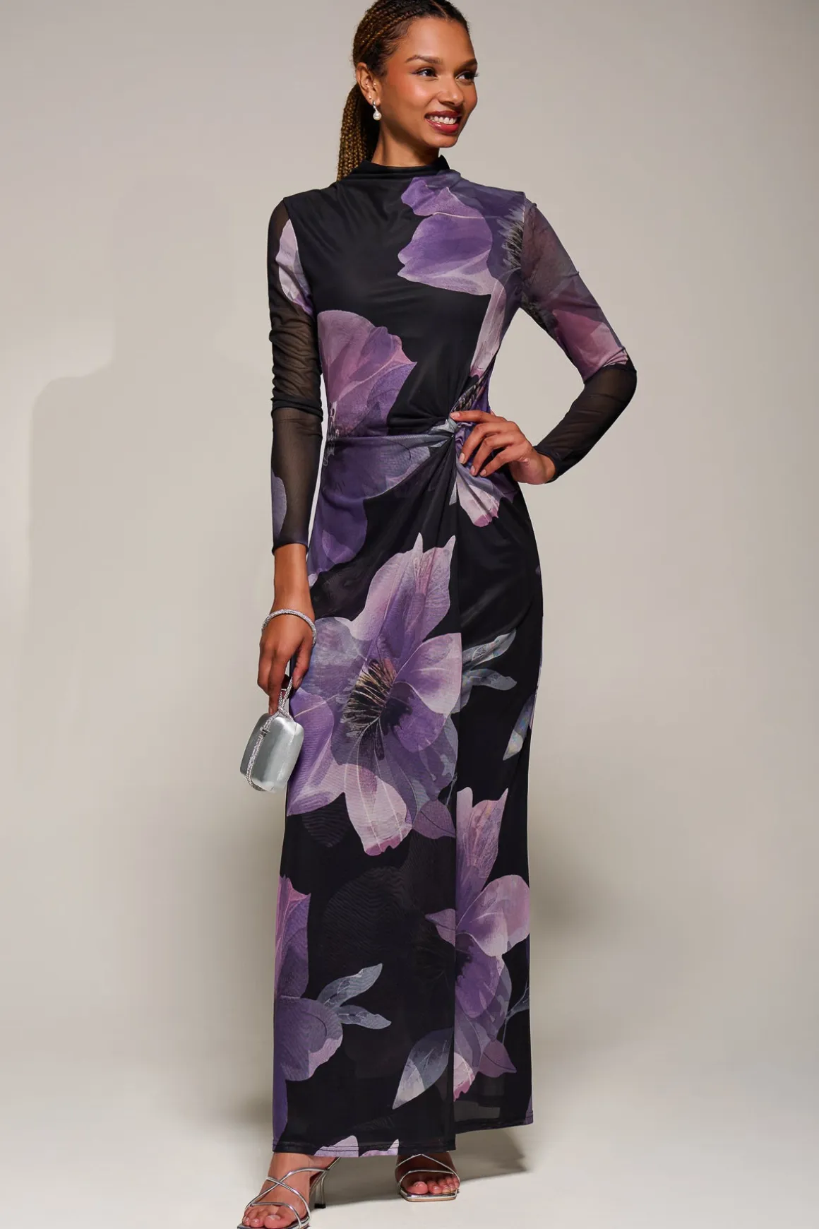 High Neck Long Sleeve Mesh Maxi Dress, Purple Floral