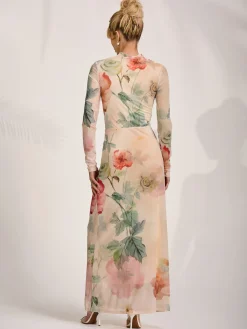 High Neck Long Sleeve Mesh Maxi Dress, Yellow Floral