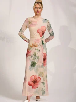 High Neck Long Sleeve Mesh Maxi Dress, Yellow Floral
