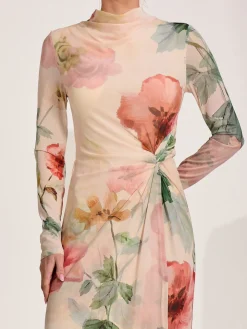 High Neck Long Sleeve Mesh Maxi Dress, Yellow Floral