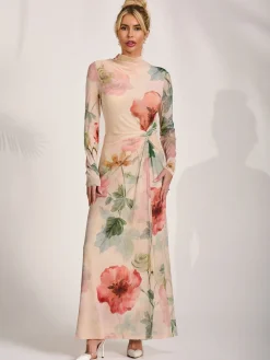 High Neck Long Sleeve Mesh Maxi Dress, Yellow Floral