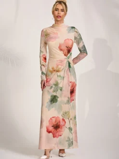 High Neck Long Sleeve Mesh Maxi Dress, Yellow Floral