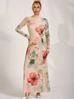 High Neck Long Sleeve Mesh Maxi Dress, Yellow Floral