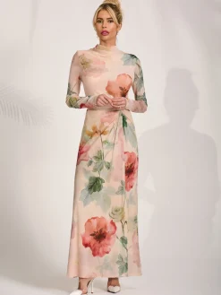 High Neck Long Sleeve Mesh Maxi Dress, Yellow Floral