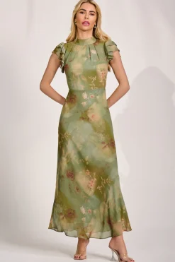 High Neck Ruffle Sleeve Chiffon Maxi Dress, Green Floral