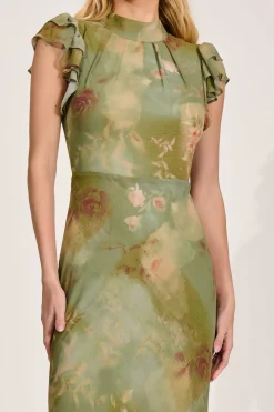 High Neck Ruffle Sleeve Chiffon Maxi Dress, Green Floral