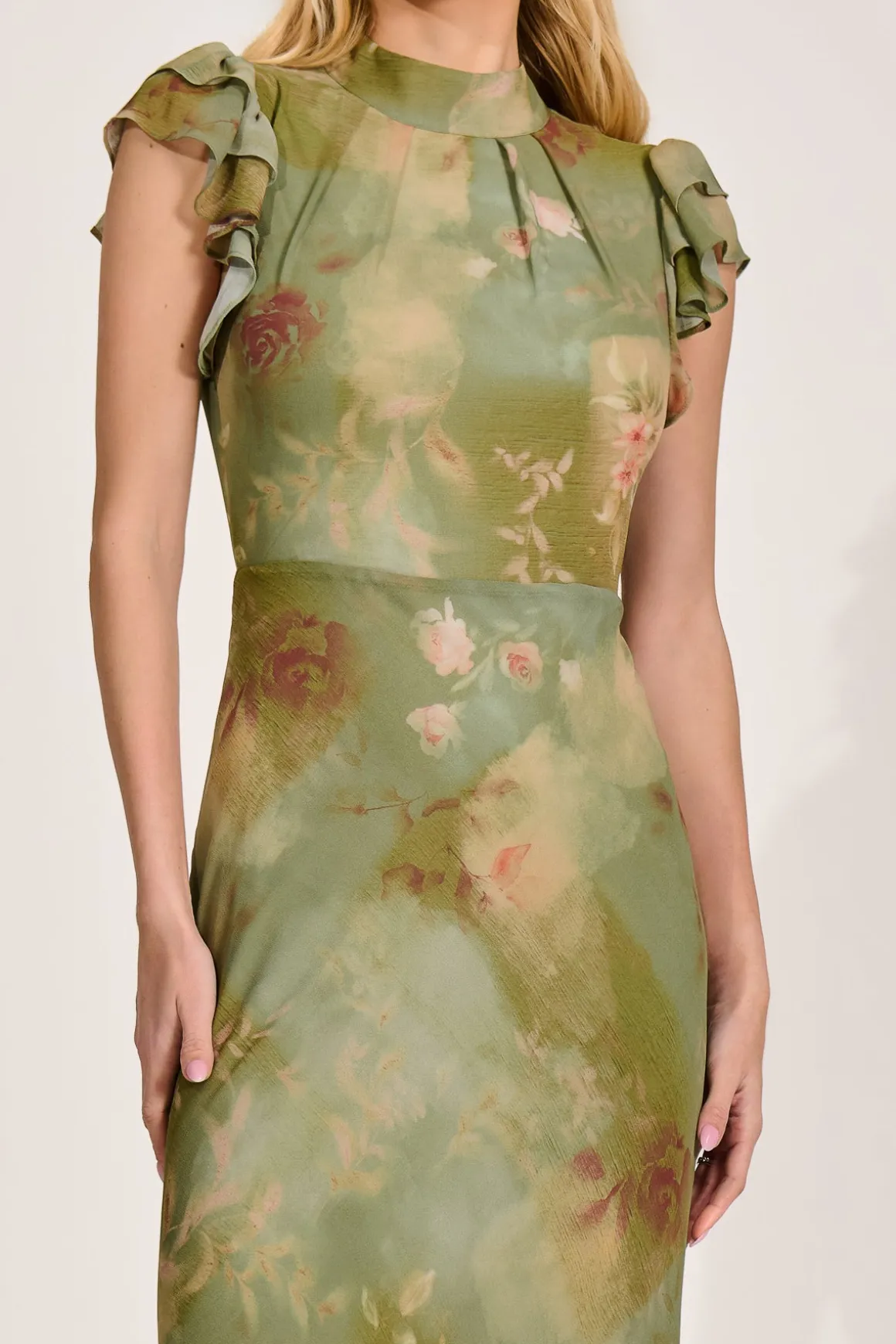 High Neck Ruffle Sleeve Chiffon Maxi Dress, Green Floral