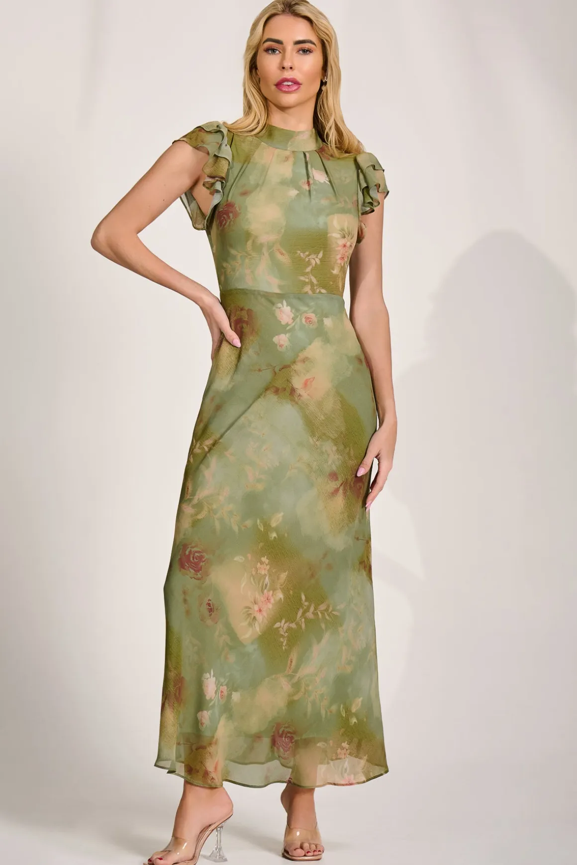 High Neck Ruffle Sleeve Chiffon Maxi Dress, Green Floral