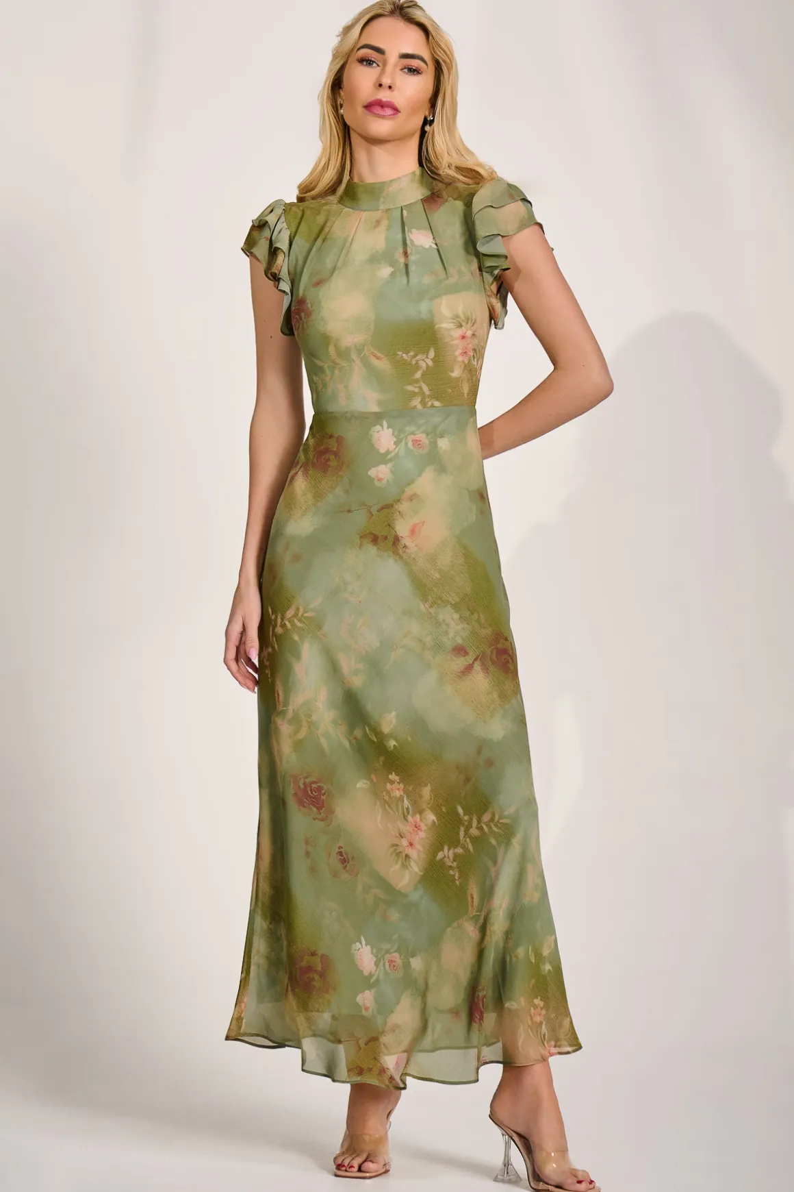 High Neck Ruffle Sleeve Chiffon Maxi Dress, Green Floral