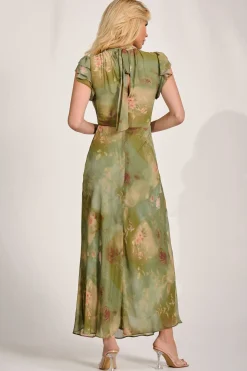High Neck Ruffle Sleeve Chiffon Maxi Dress, Green Floral