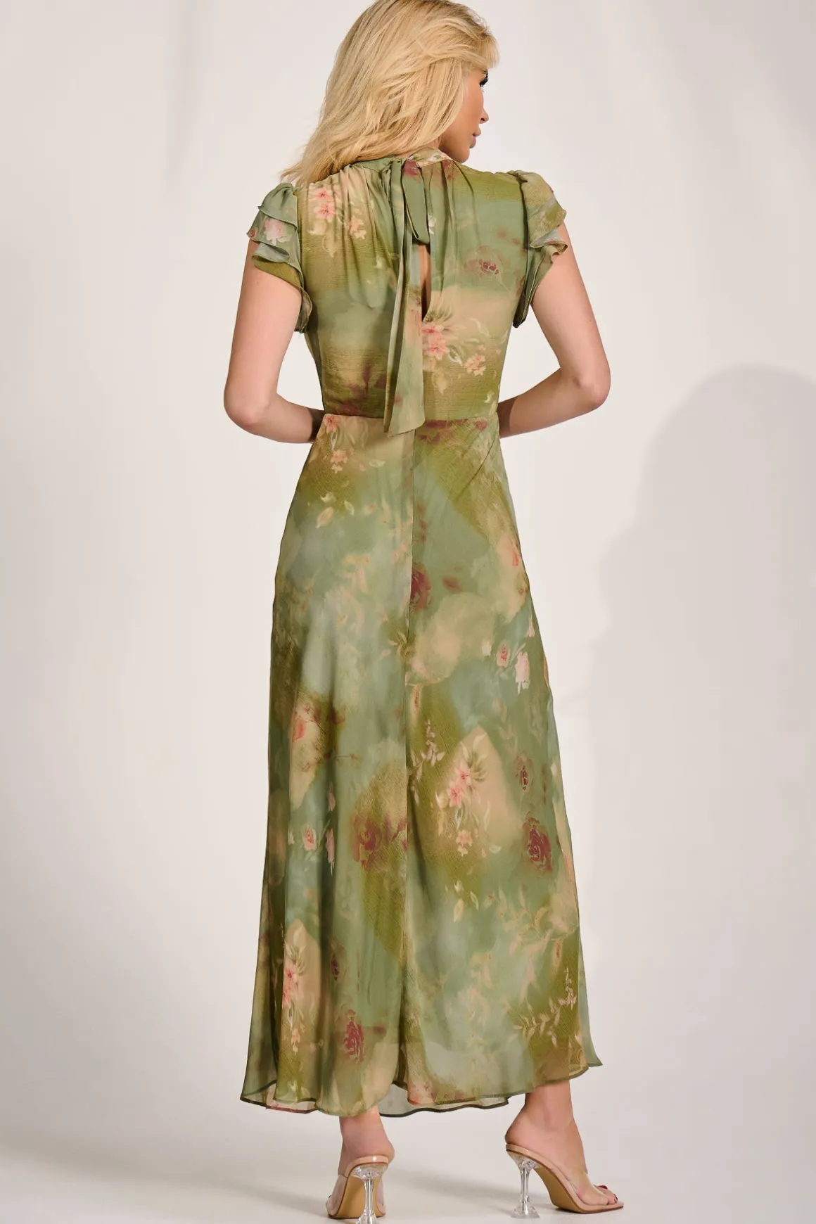 High Neck Ruffle Sleeve Chiffon Maxi Dress, Green Floral
