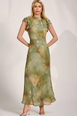 High Neck Ruffle Sleeve Chiffon Maxi Dress, Green Floral