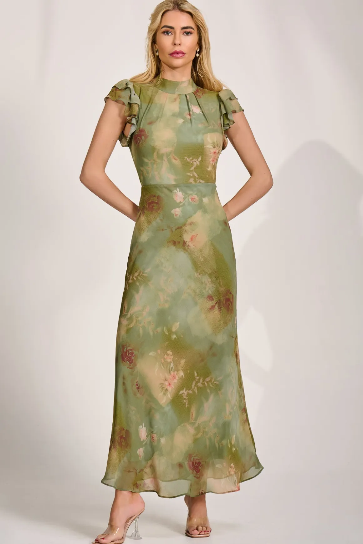 High Neck Ruffle Sleeve Chiffon Maxi Dress, Green Floral