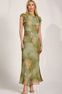 High Neck Ruffle Sleeve Chiffon Maxi Dress, Green Floral