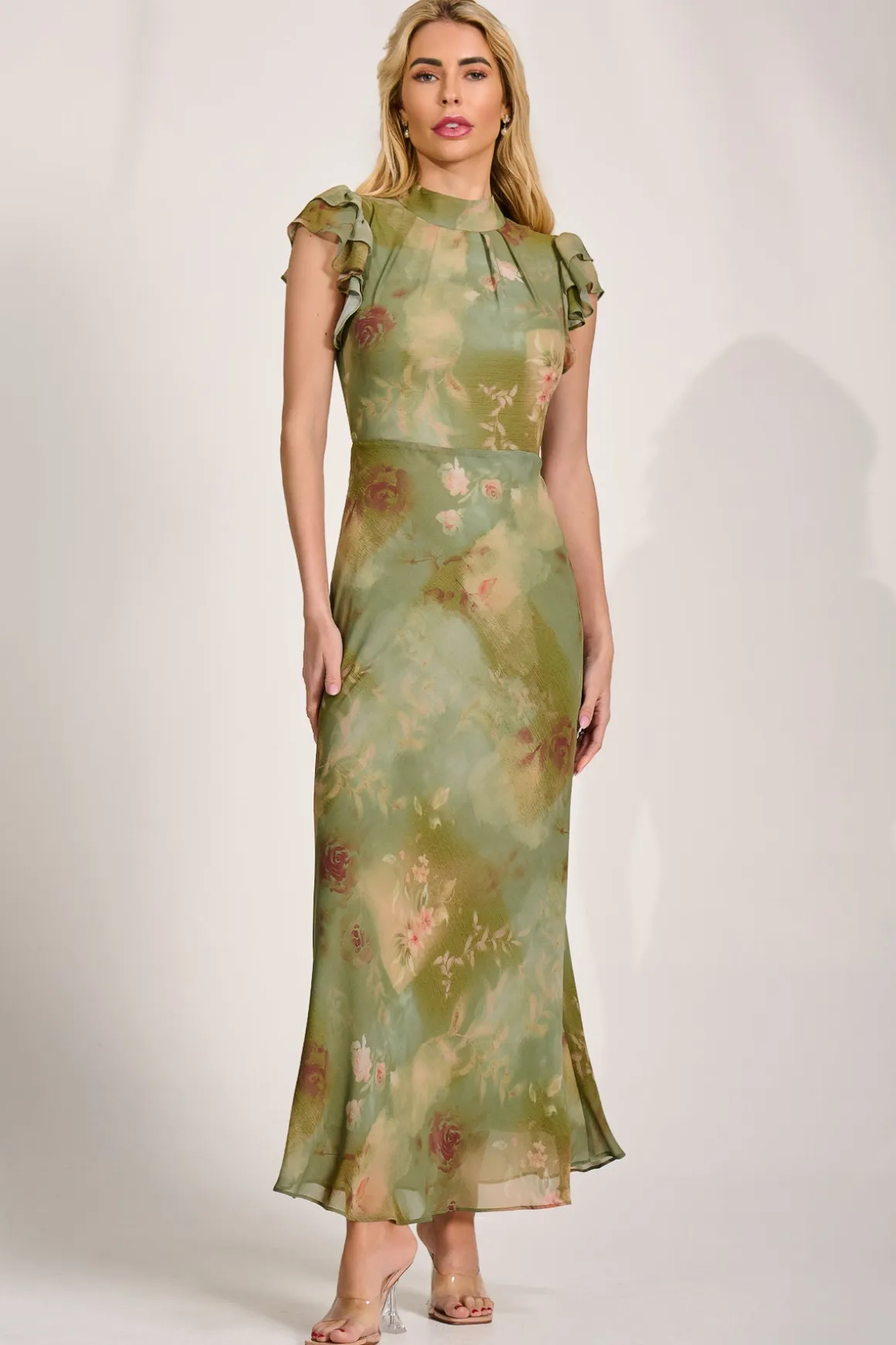 High Neck Ruffle Sleeve Chiffon Maxi Dress, Green Floral